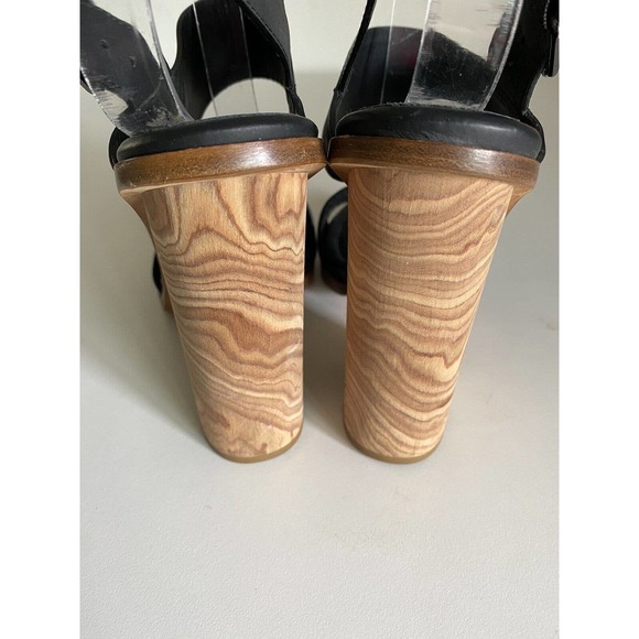 Vince Haley Sandal Black Leather Open Toe Two Strap Ankle Buckle Wood He… - Picture 5 of 11